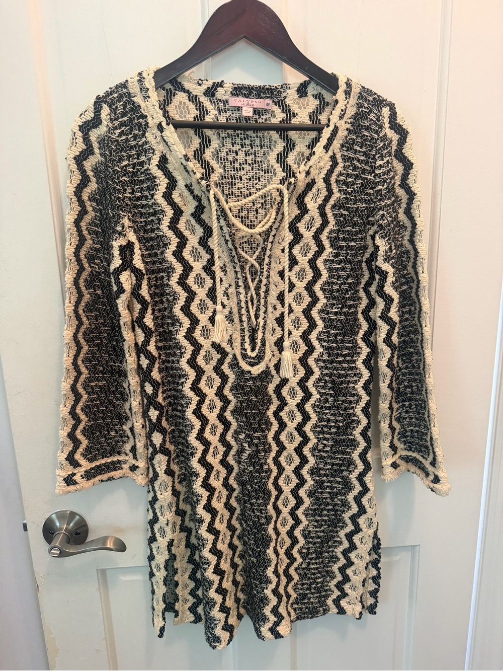 Calypso Crochet Tunic with Zigzag Pattern - Black & Cream- Size M